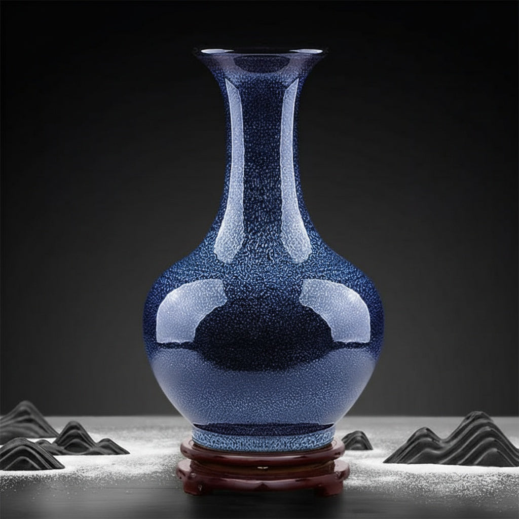 Speckled blue ceramic bottle vase on wooden stand