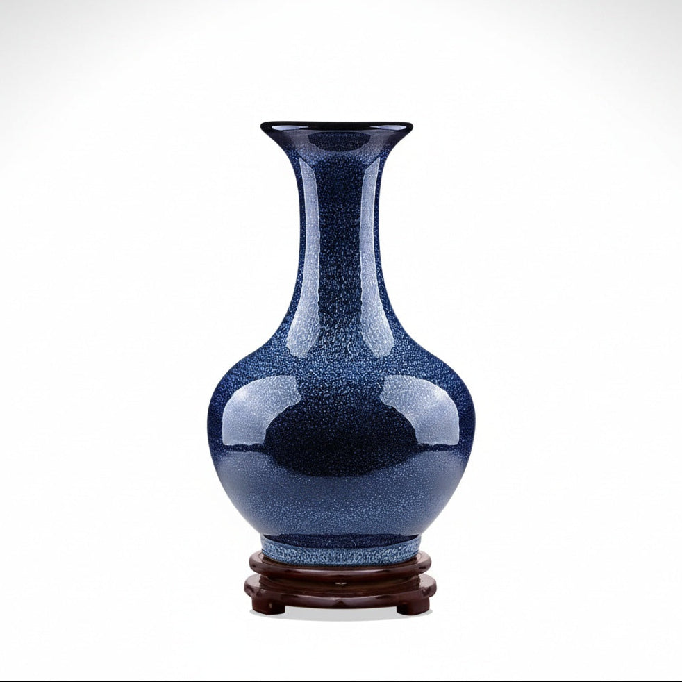 Front view of blue glazed porcelain vase