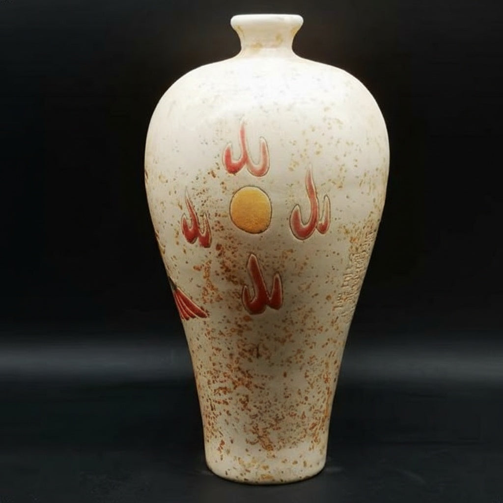 Back view showing stylized sun and cloud relief design
