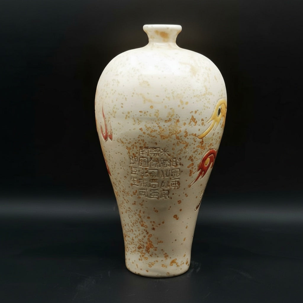 Side view detail of embossed calligraphy and speckled glaze