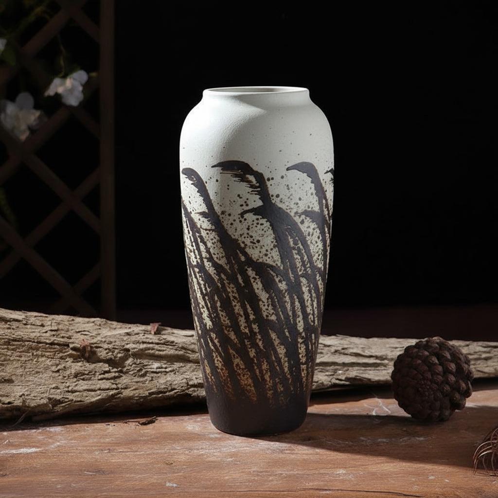 Lifestyle shot of vase on wooden table with rustic decor