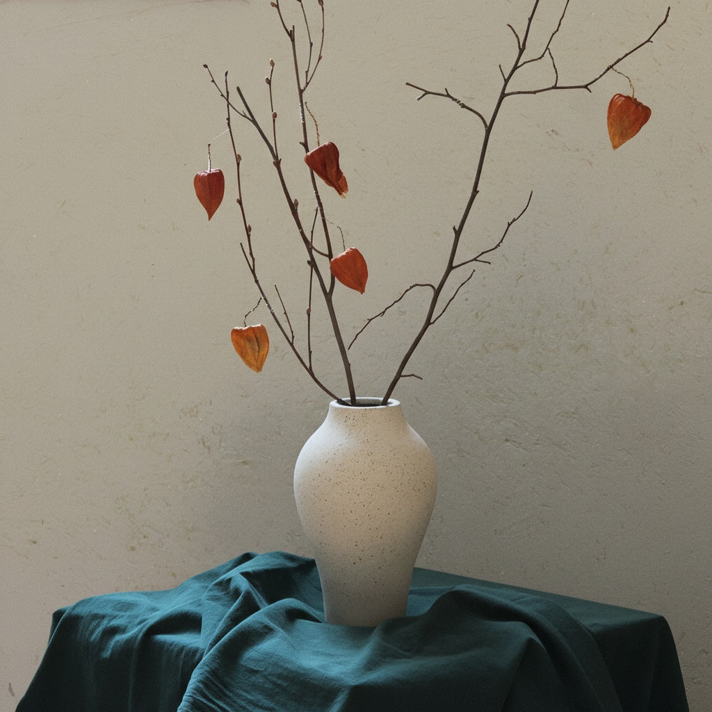 White ceramic vase with dried branches on dark green cloth