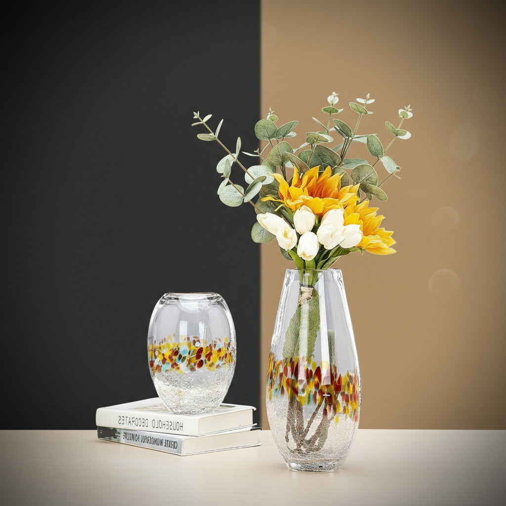 Speckled art glass vases with sunflowers on table