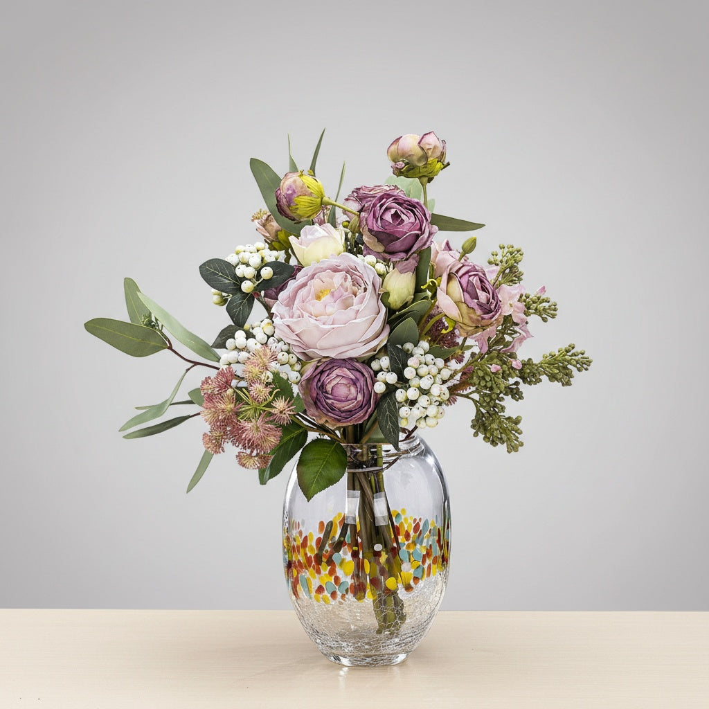 Medium oval glass vase with purple flowers and crackle base