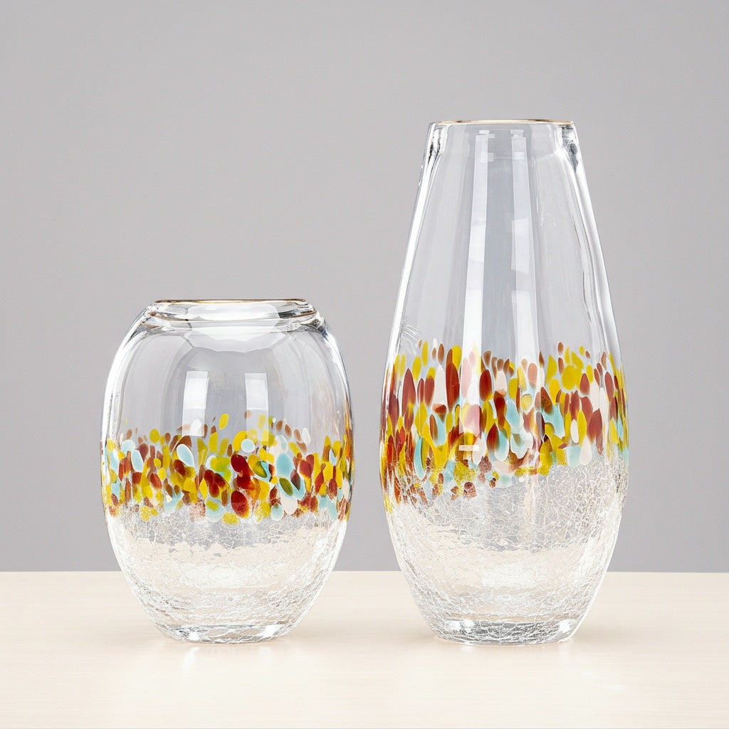 Set of two art glass vases with crackle bases