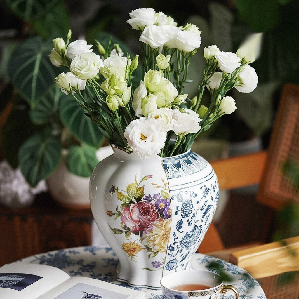 Split Floral Pattern Porcelain Vase with White Flowers