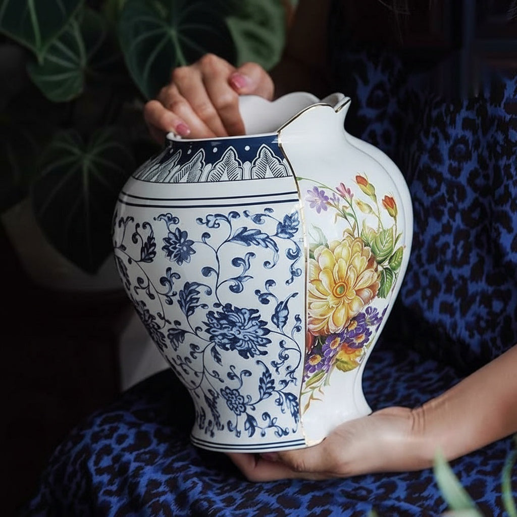 Split Floral Pattern Porcelain Vase Scale and Detail