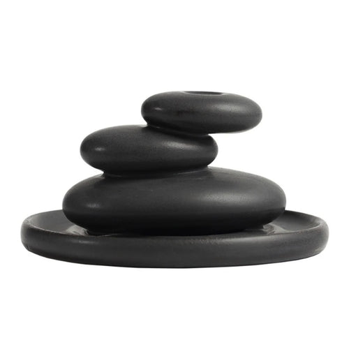 Black ceramic stacked stone backflow incense burner for zen ritual decor