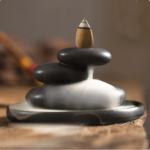 Ceramic stacked stone backflow incense burner with waterfall smoke effect