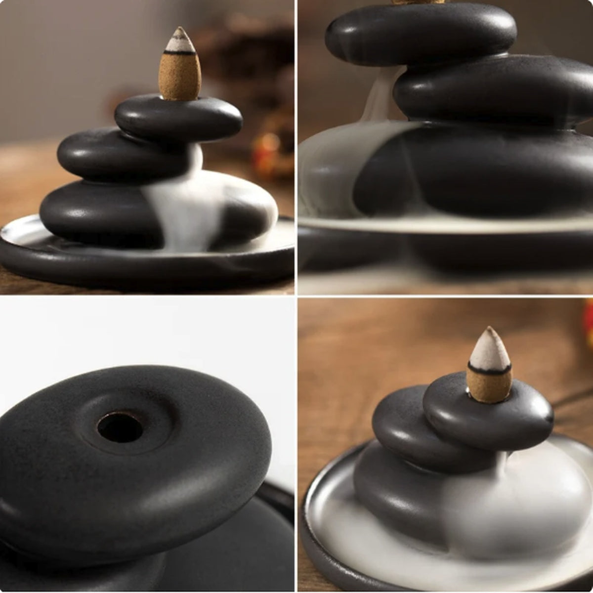Detail collage of black ceramic backflow incense burner with smoke effect and top opening