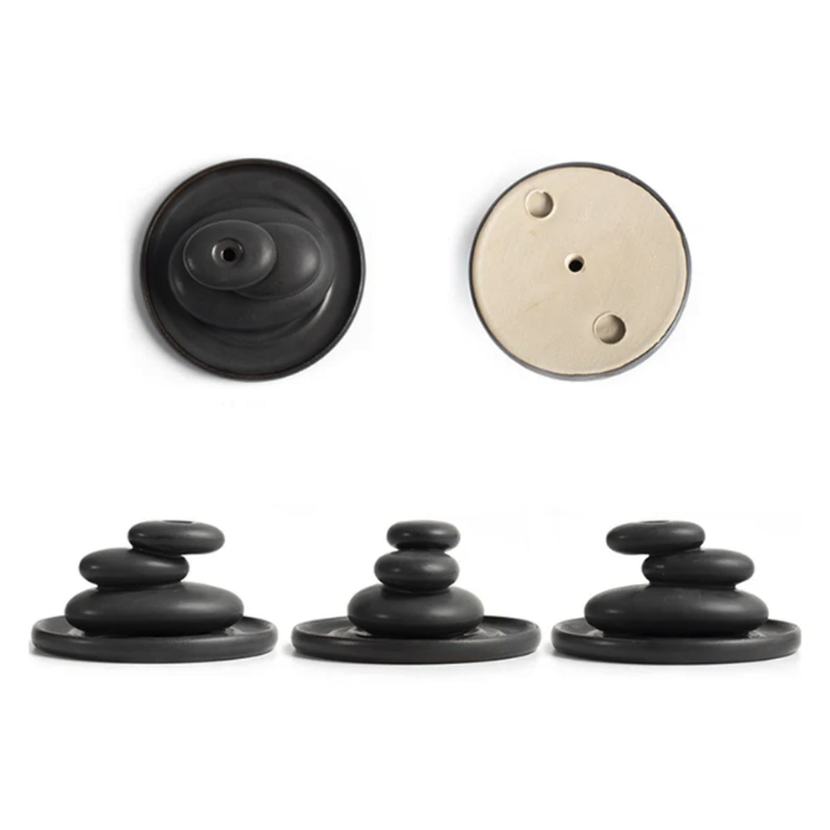 Multi-angle view of black ceramic stacked stone backflow incense holder