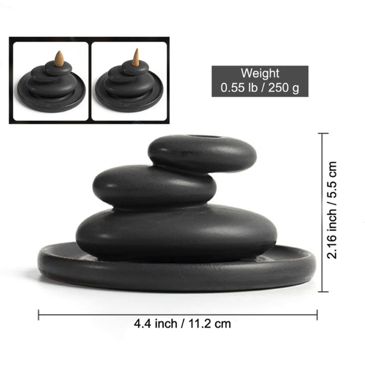Product dimensions for ceramic stacked stone backflow incense burner in inches and centimeters