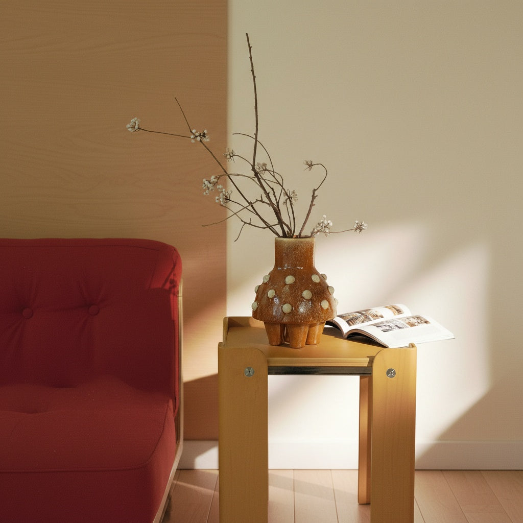Amber ceramic vase with white studs and floral arrangement on table