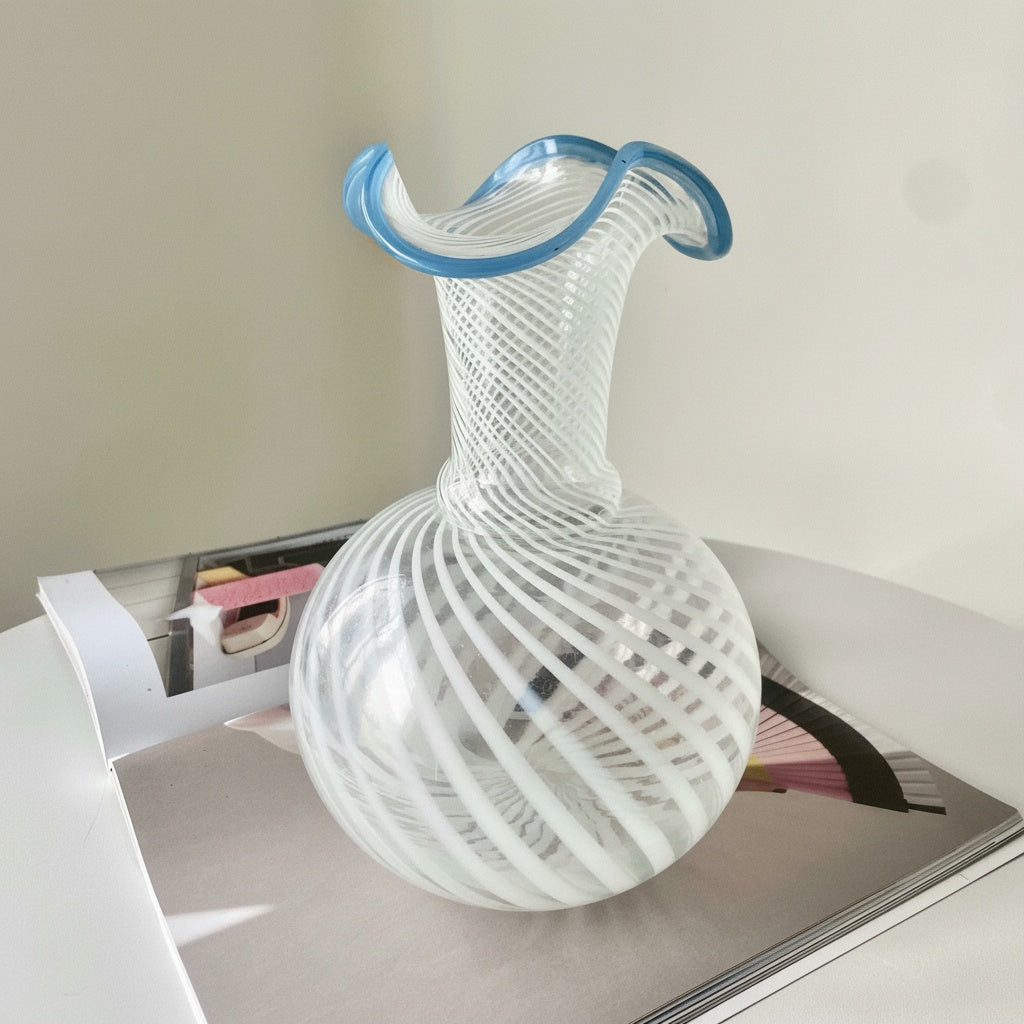 Swirled Glass Ruffled Rim Vase