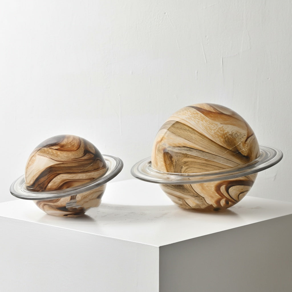 Two swirled art glass Saturn sculptures on white pedestal