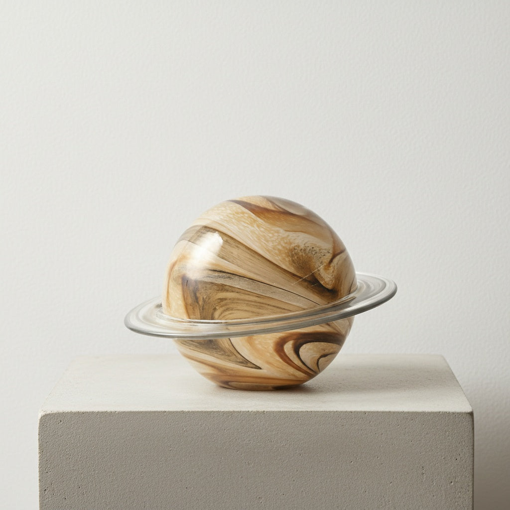 Large brown swirled glass planet sculpture with clear ring