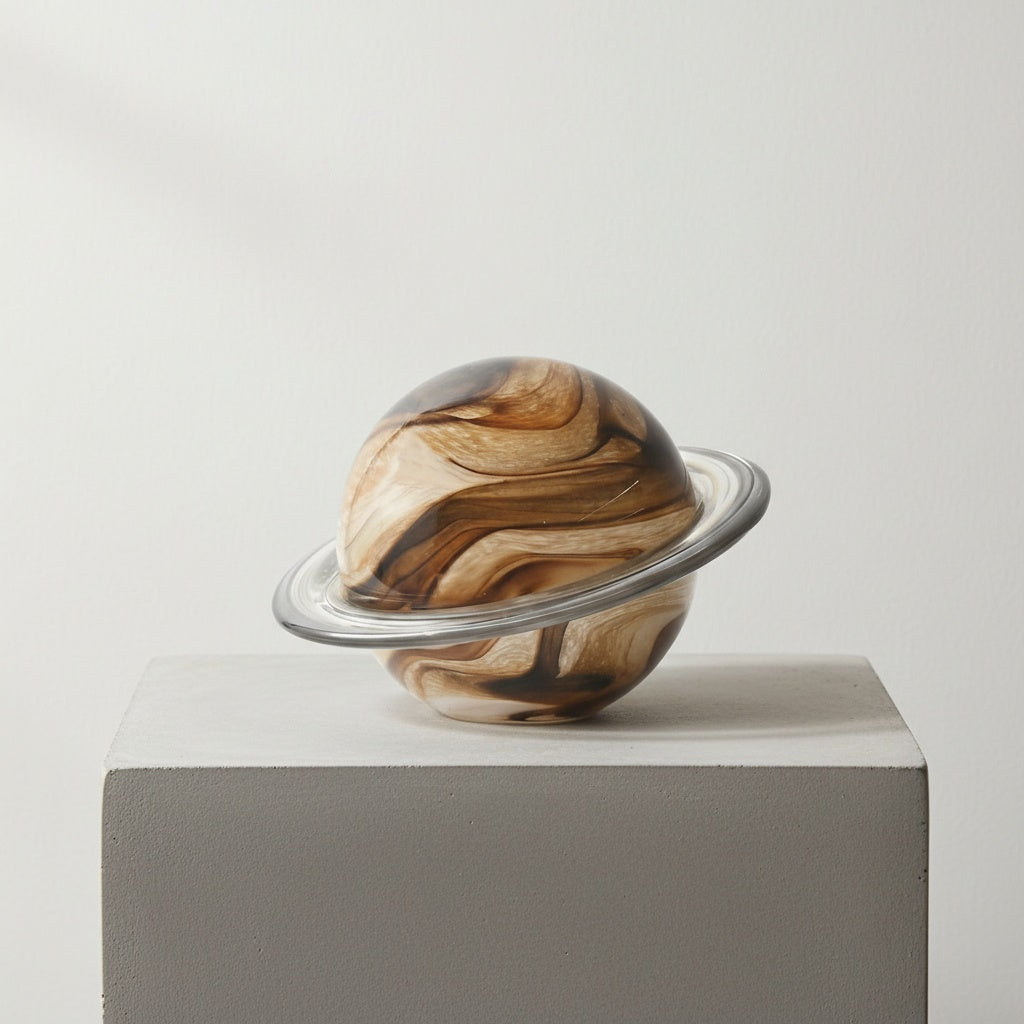 Medium art glass Saturn sculpture with amber swirls