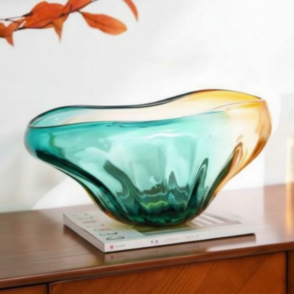 Teal and amber gradient art glass bowl side view