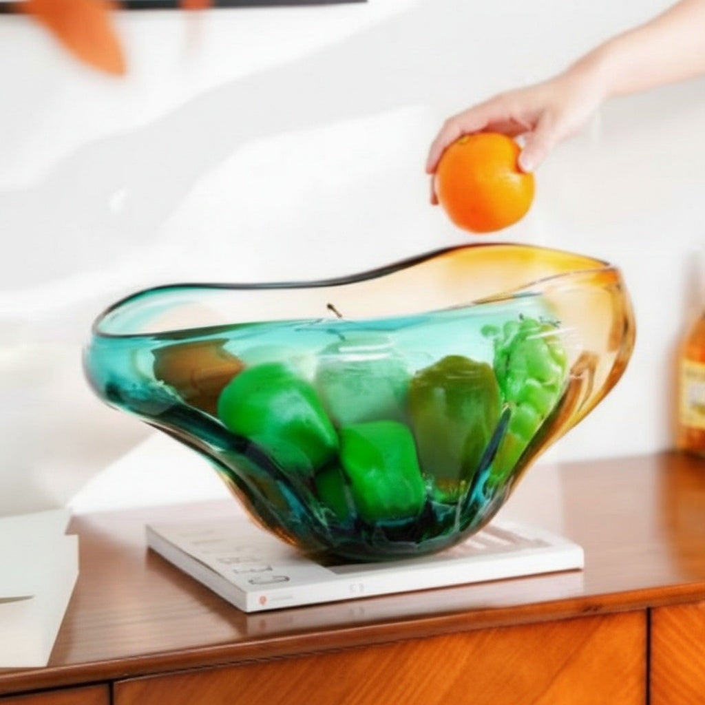 Organic shape glass fruit bowl with fresh produce