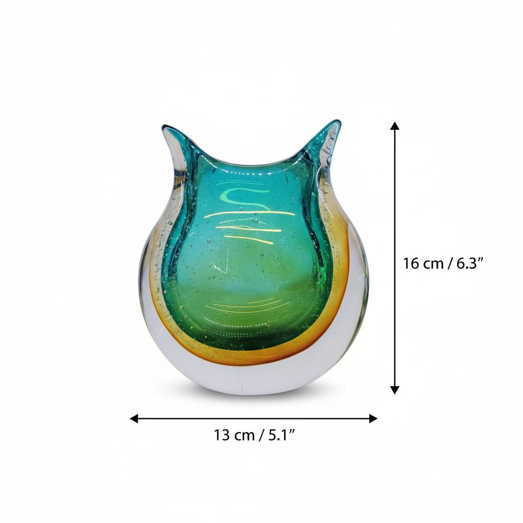 Dimensions diagram of the owl shaped glass vase