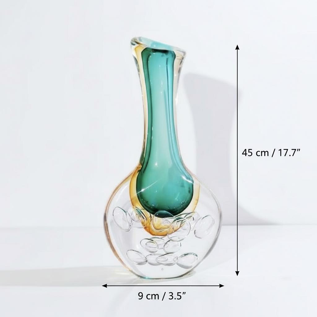 Dimensions of large tall teal and amber glass vase