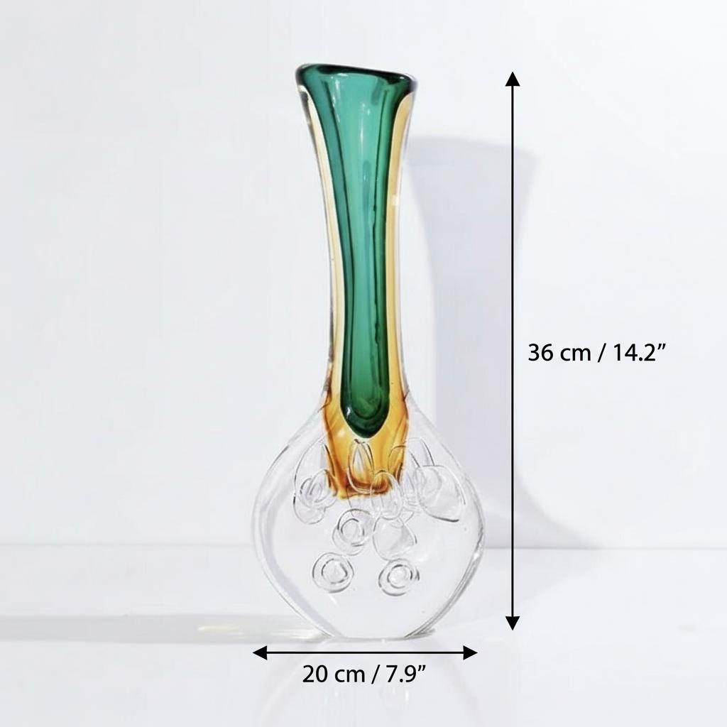 Dimensions of medium wide teal and amber glass vase
