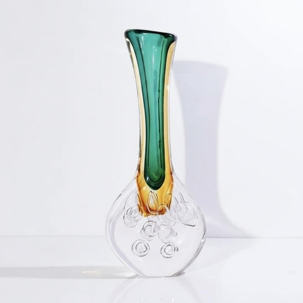 Close up of tall teal and amber vase bubble base