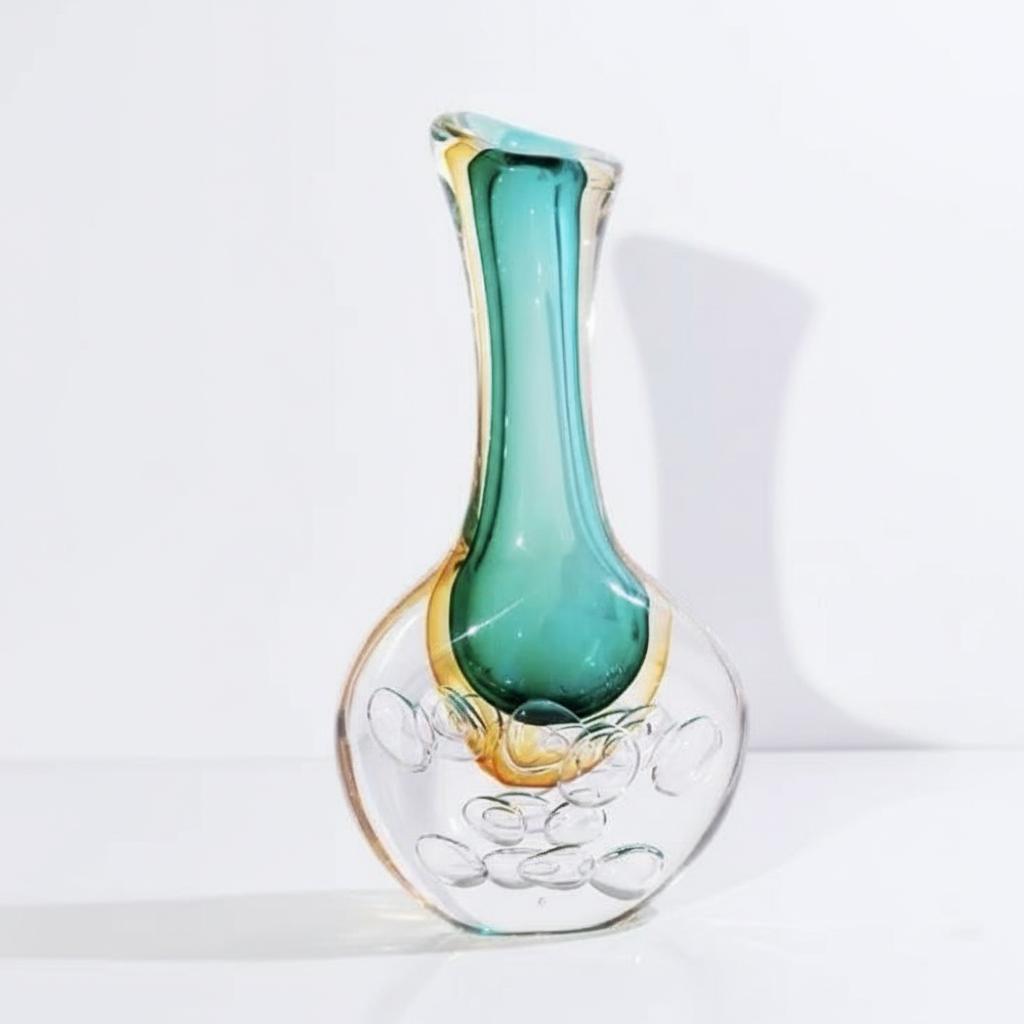 Close up of medium teal and amber vase bubble base