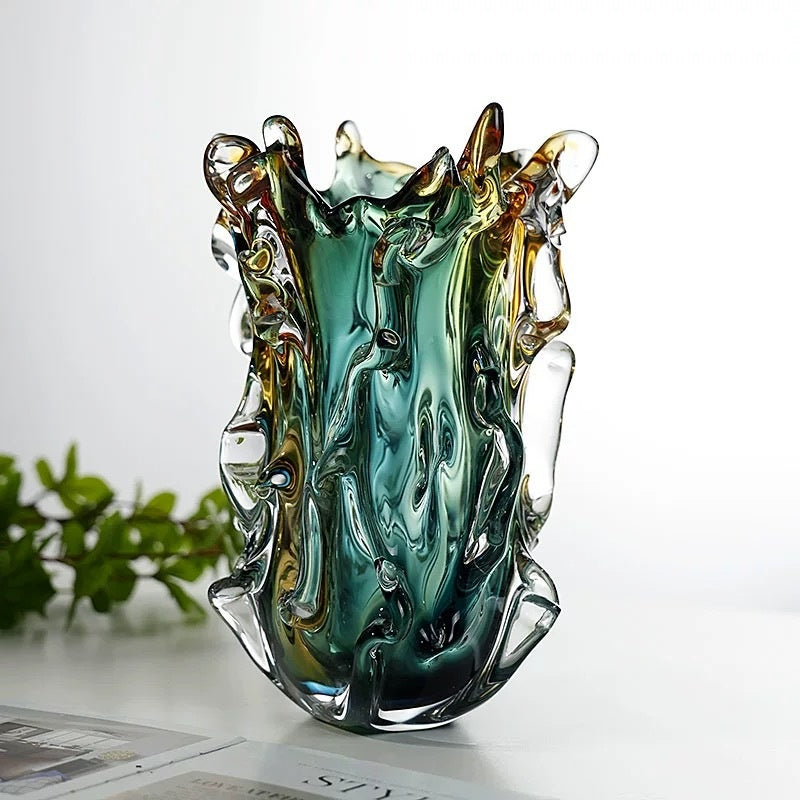 Main front view of teal and amber crystal wave vase
