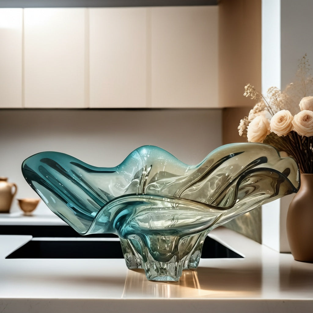Large glass centerpiece bowl styled in kitchen setting