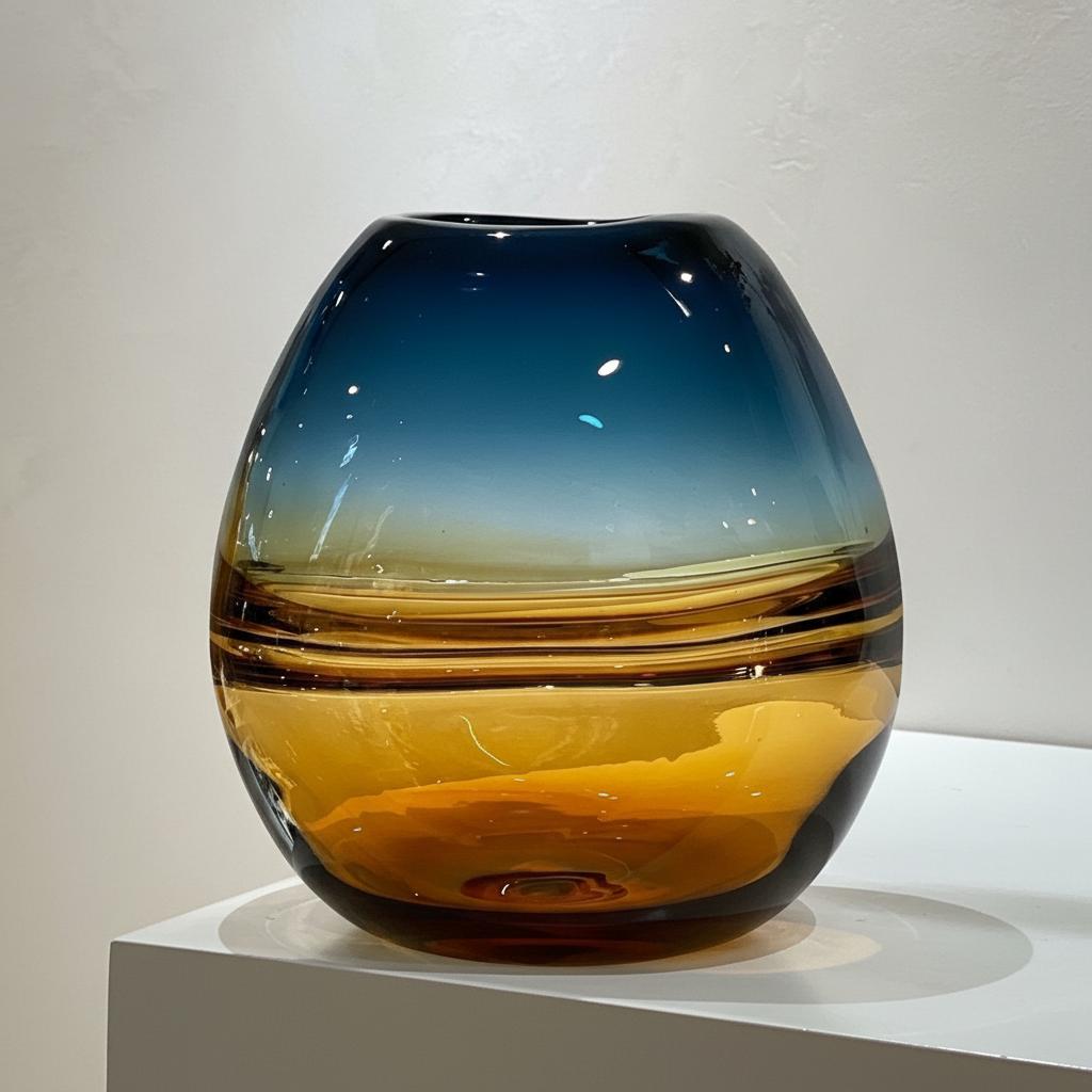 Medium round teal and amber glass vase front view