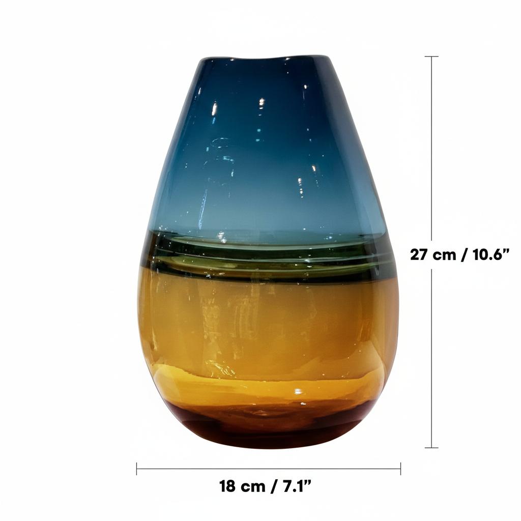 Large tall teal and amber glass vase with dimensions