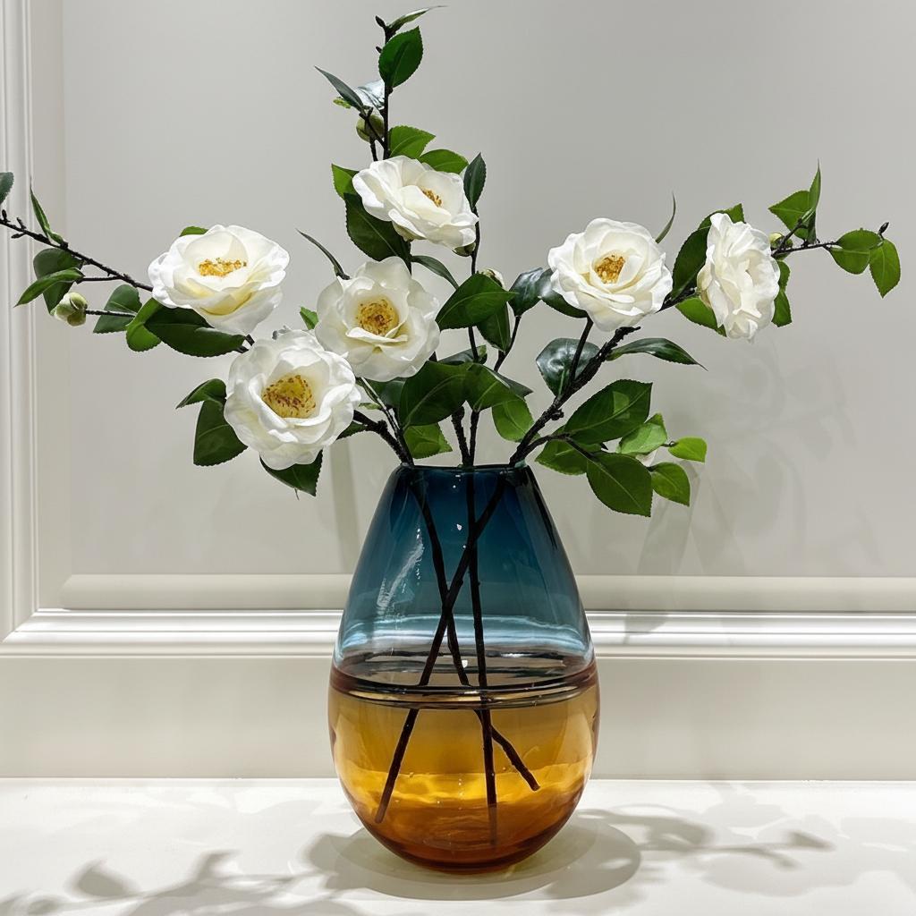Large tall vase with white flowers front view