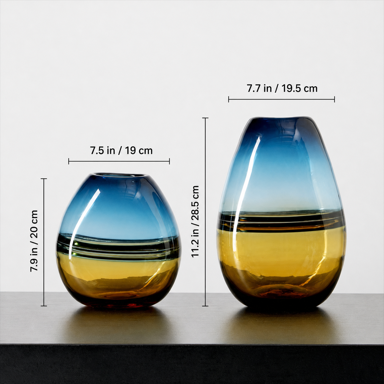 Tall and short teal amber gradient glass vase dimensions with inch and centimeter measurements