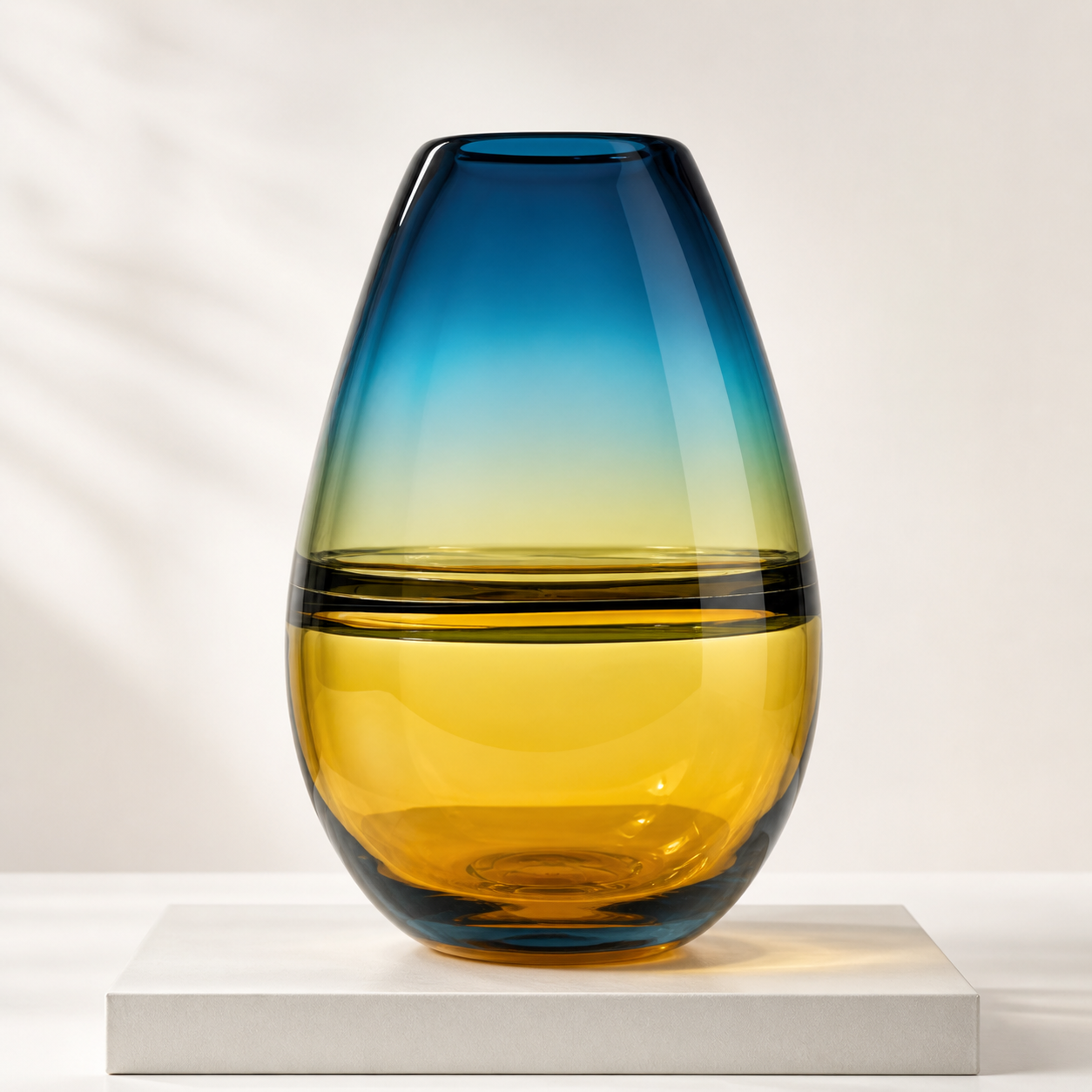 Tall teal amber gradient glass vase with tapered shape and glossy art glass finish