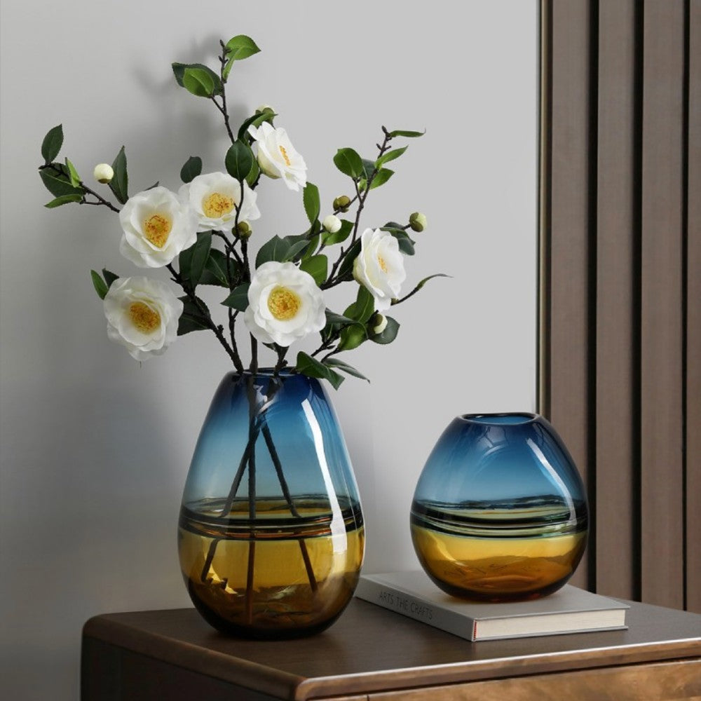 Teal amber glass vases with white flowers for elegant shelf, console, or dining table decor