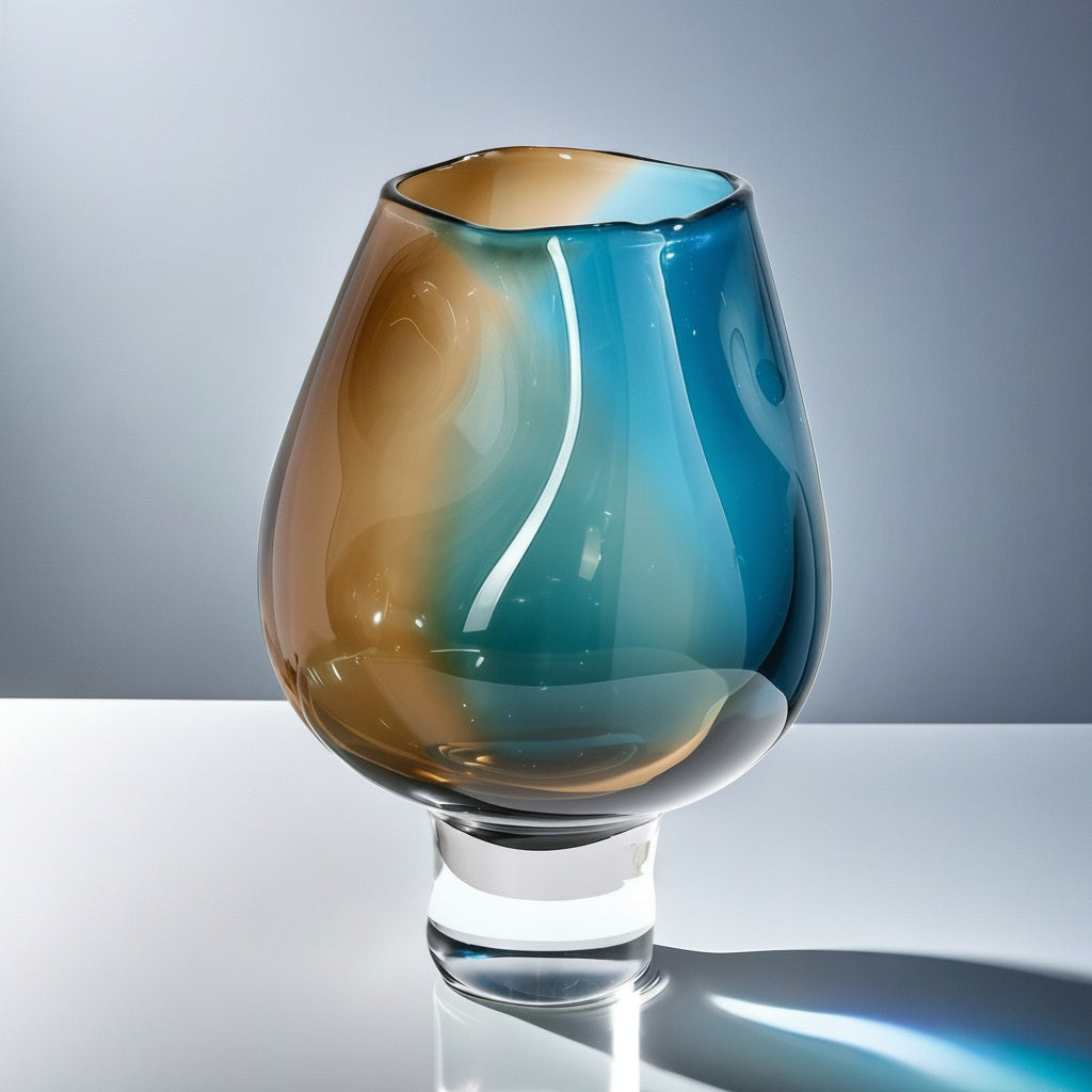 Close view of the teal and amber art glass vase highlighting the clear base.