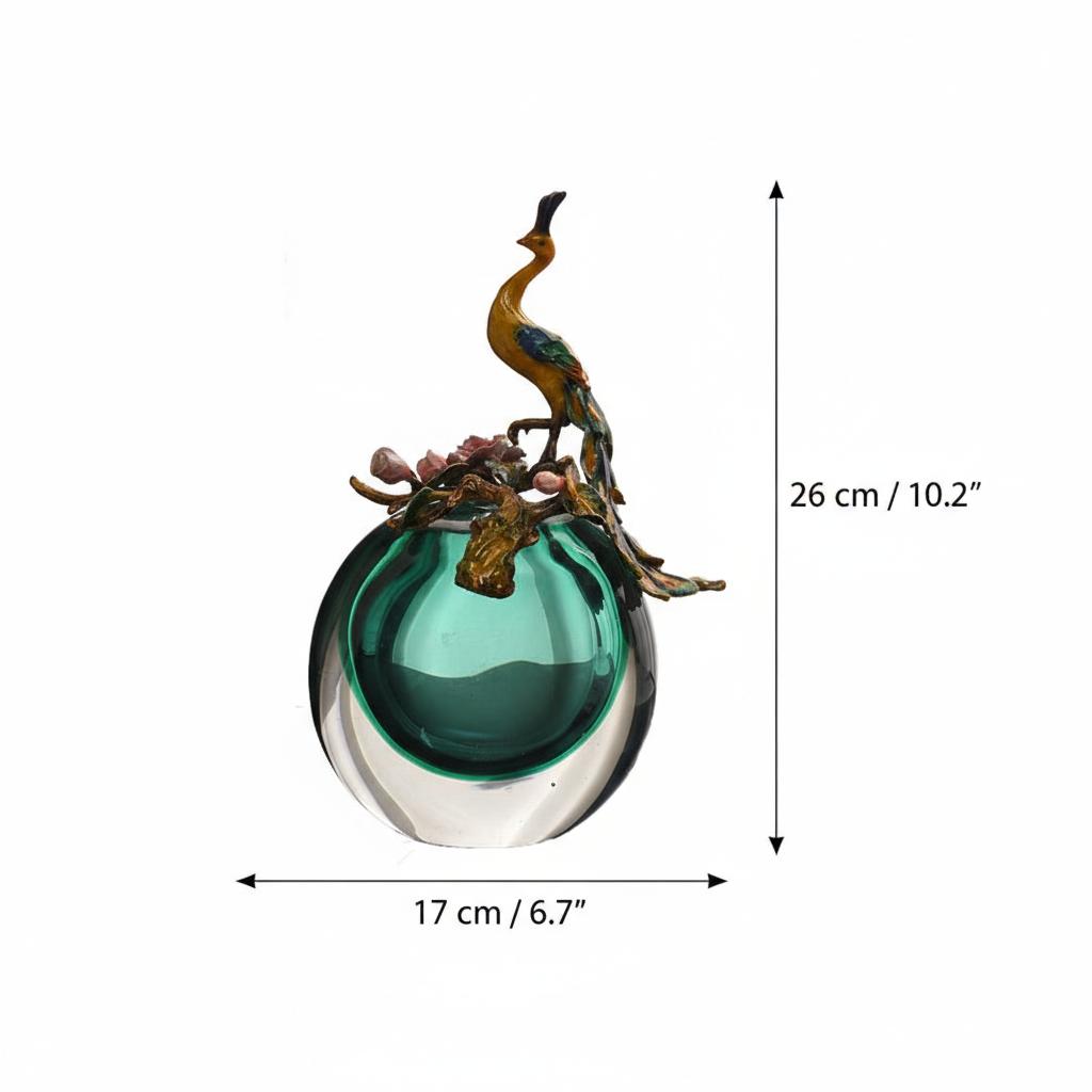 Dimension diagram of teal glass peacock vase height and width