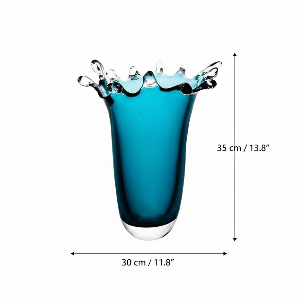 Tall teal glass vase with organic splash rim dimensions