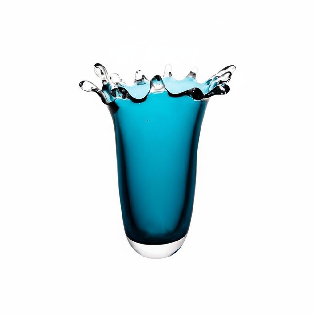 Low teal glass splash bowl with wide rim dimensions