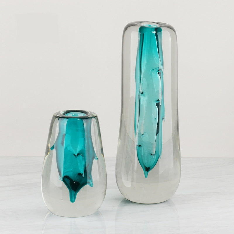 Large and medium glass vases with teal core