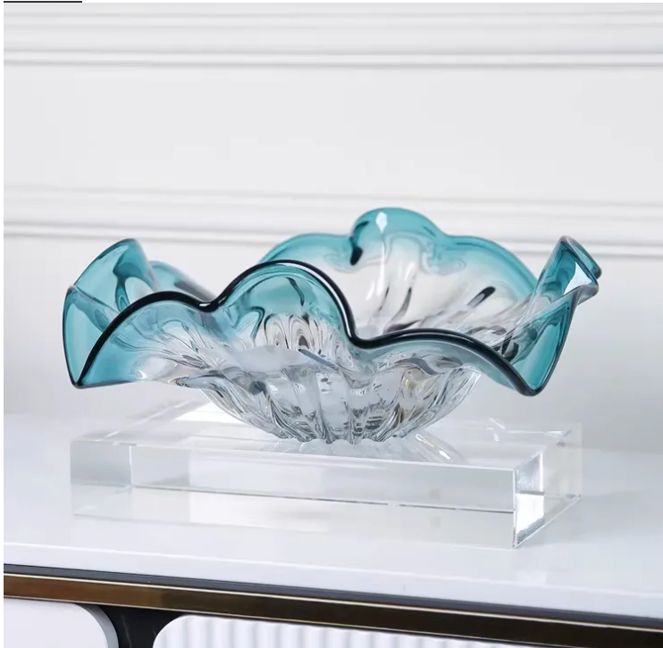 Teal gradient glass fruit bowl displaying ruffled edges