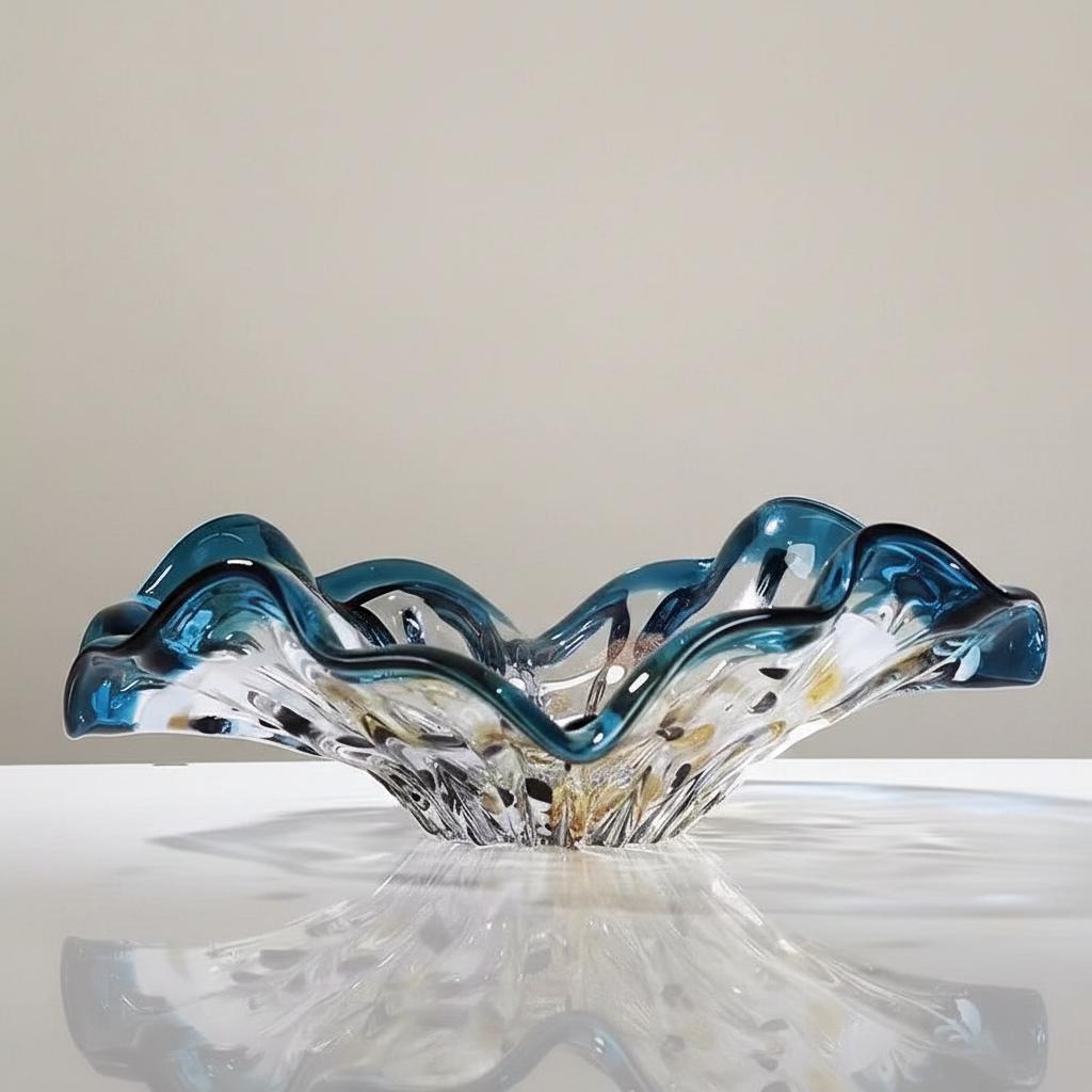 Low angle view of art glass centerpiece bowl with textured base