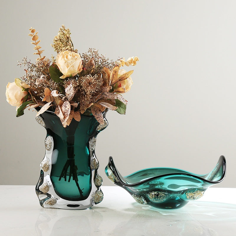 Teal art glass vase and bowl set with flowers
