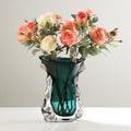 Teal organic glass vase with pink roses