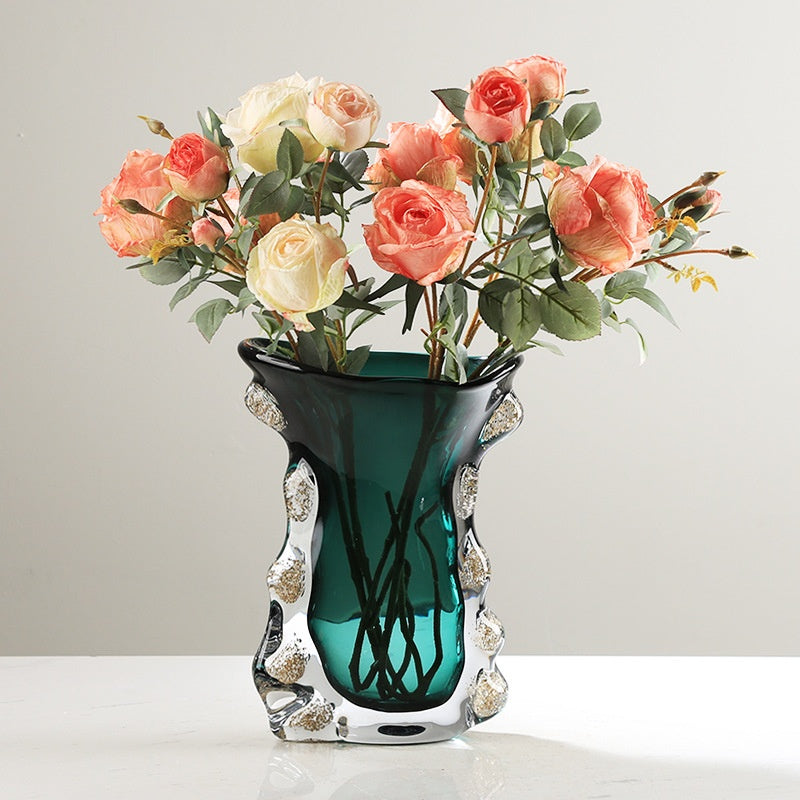 Teal organic glass vase with pink roses