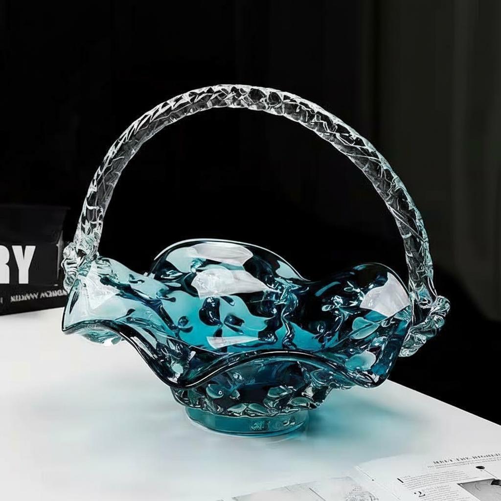 Side profile of waved blue glass fruit bowl