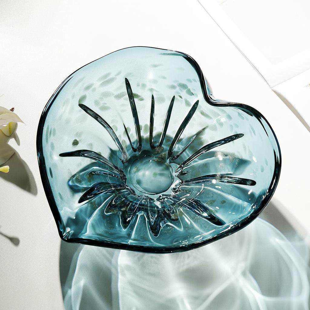 Overhead view of empty teal blue glass heart bowl showing ribbed texture