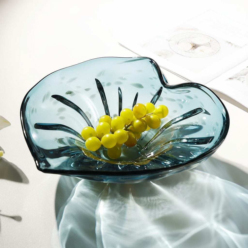 Teal blue art glass fruit bowl filled with grapes on white table