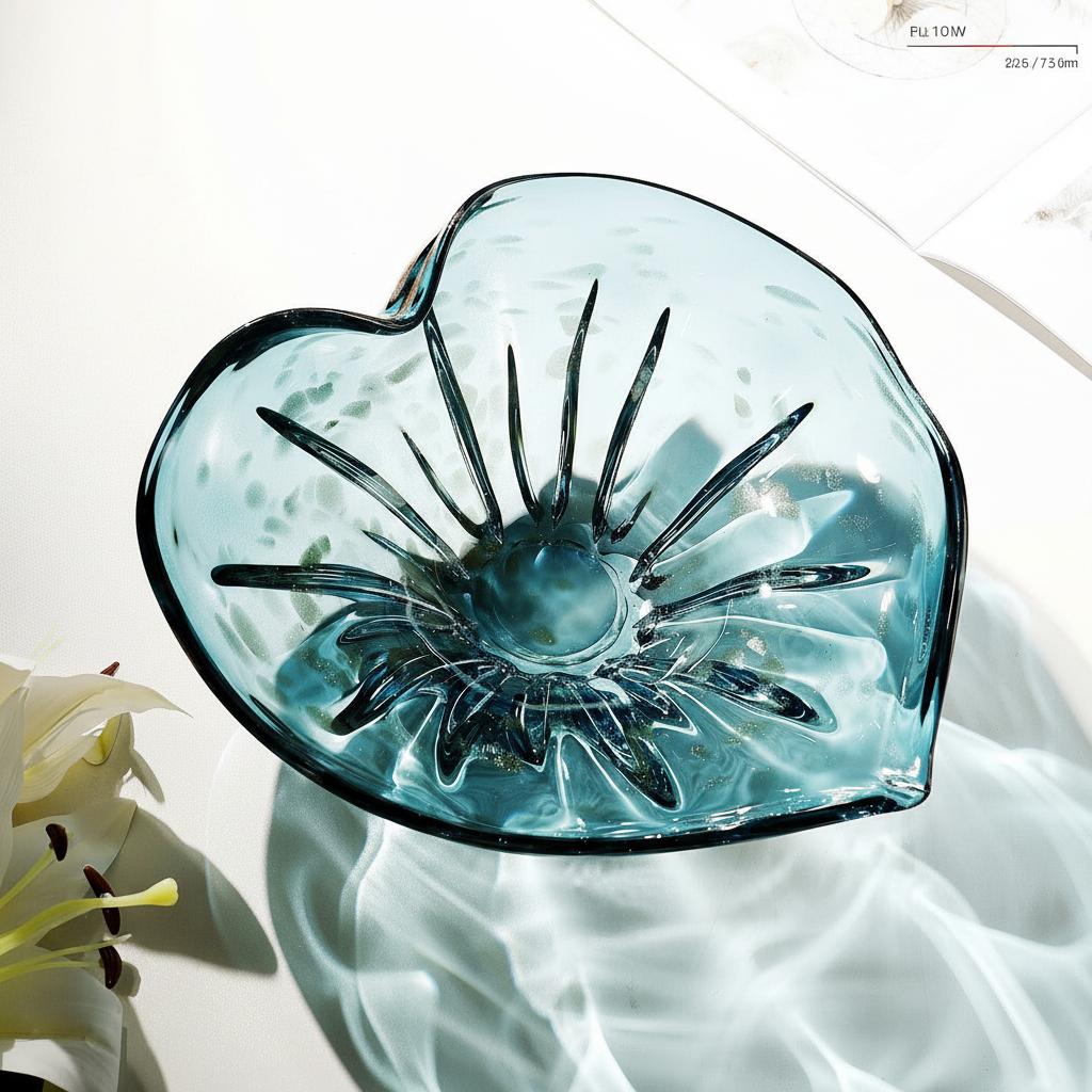 Angled view of empty teal glass bowl showcasing organic rim and transparency